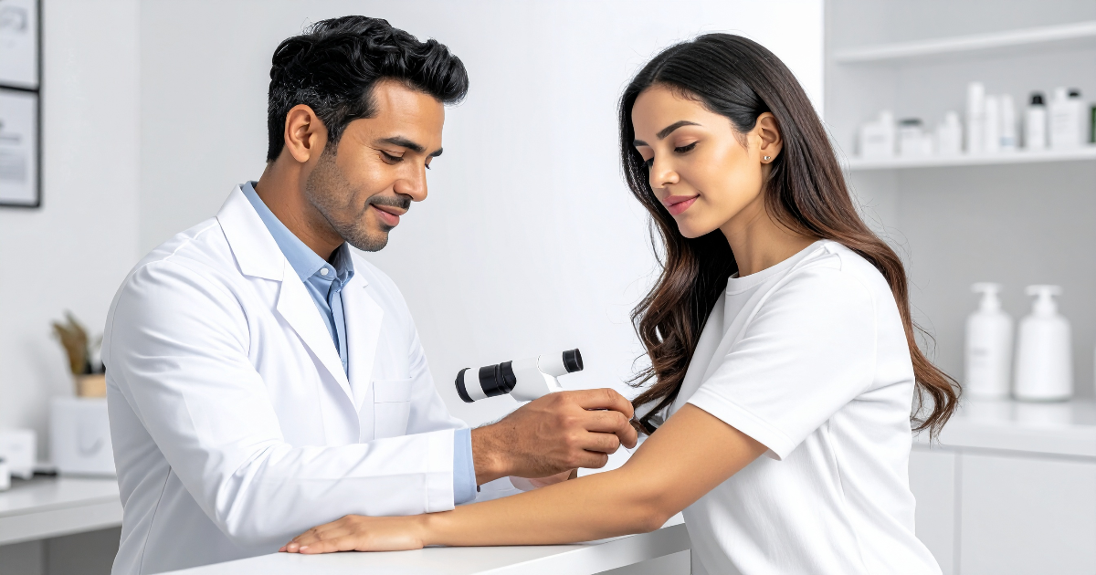 Dermatologue examinant la peau d'un patient avec un dermatoscope