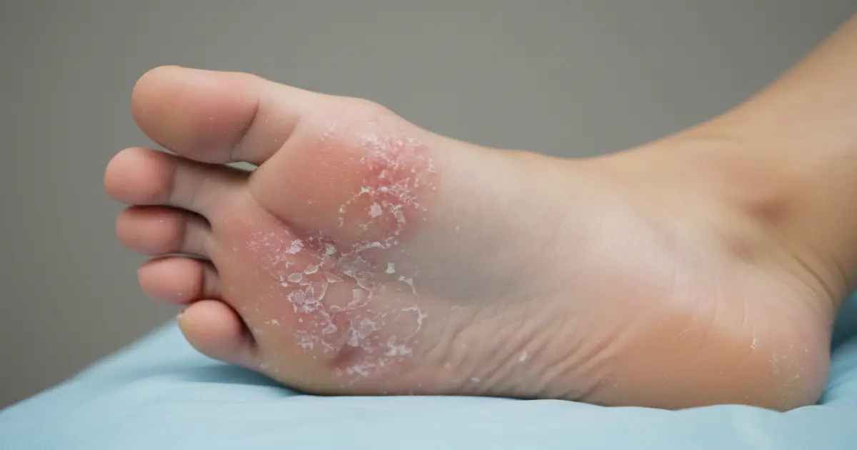 Pied avec mycose plantaire, dermatophytie entre les orteils, illustration clinique