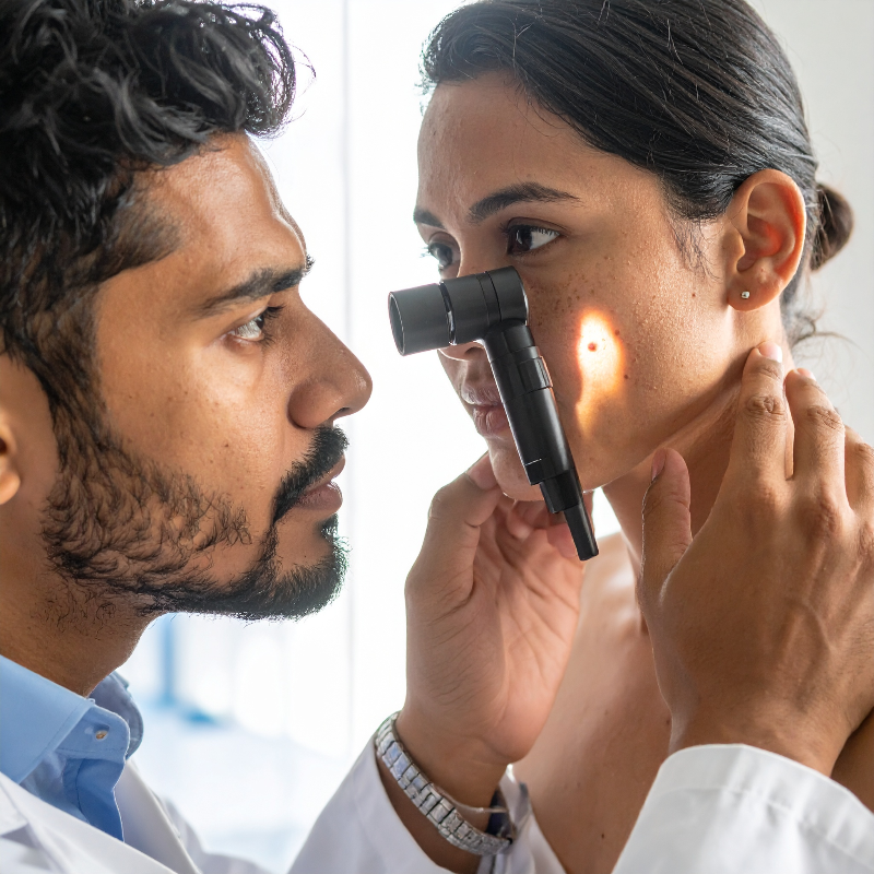 Dermatologue examinant des grains de beauté avec un dermatoscope sur le dos