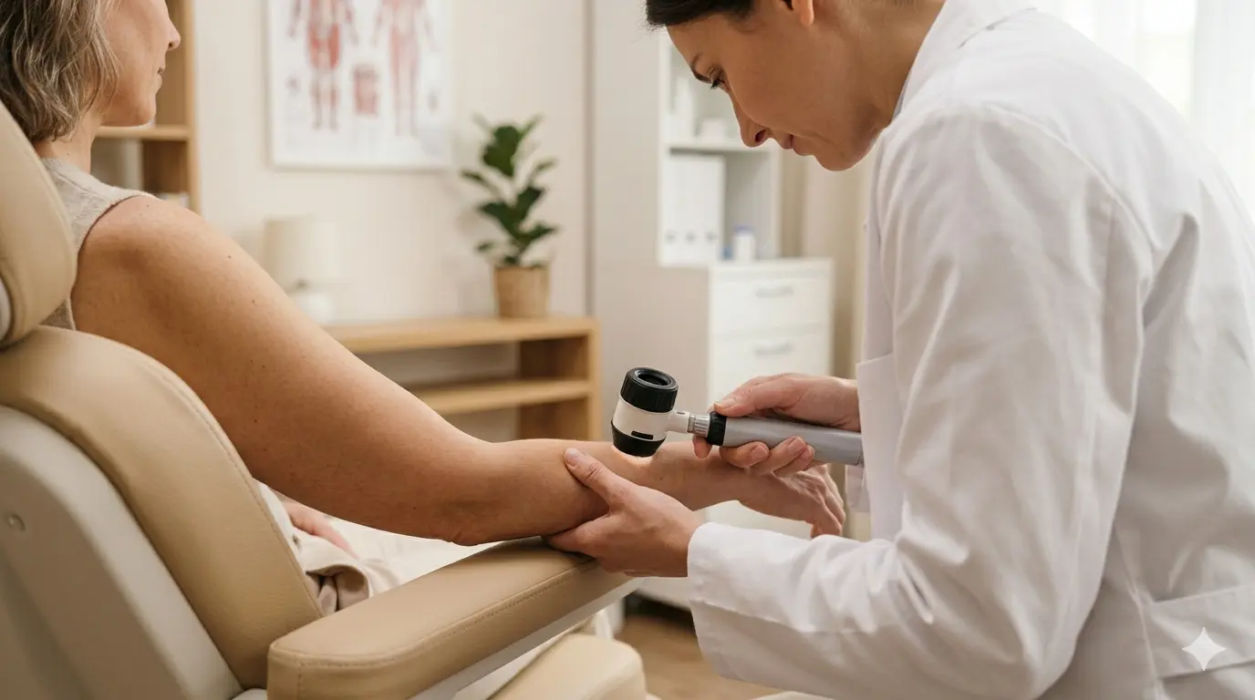 Dermatologue examinant la peau d'une patiente