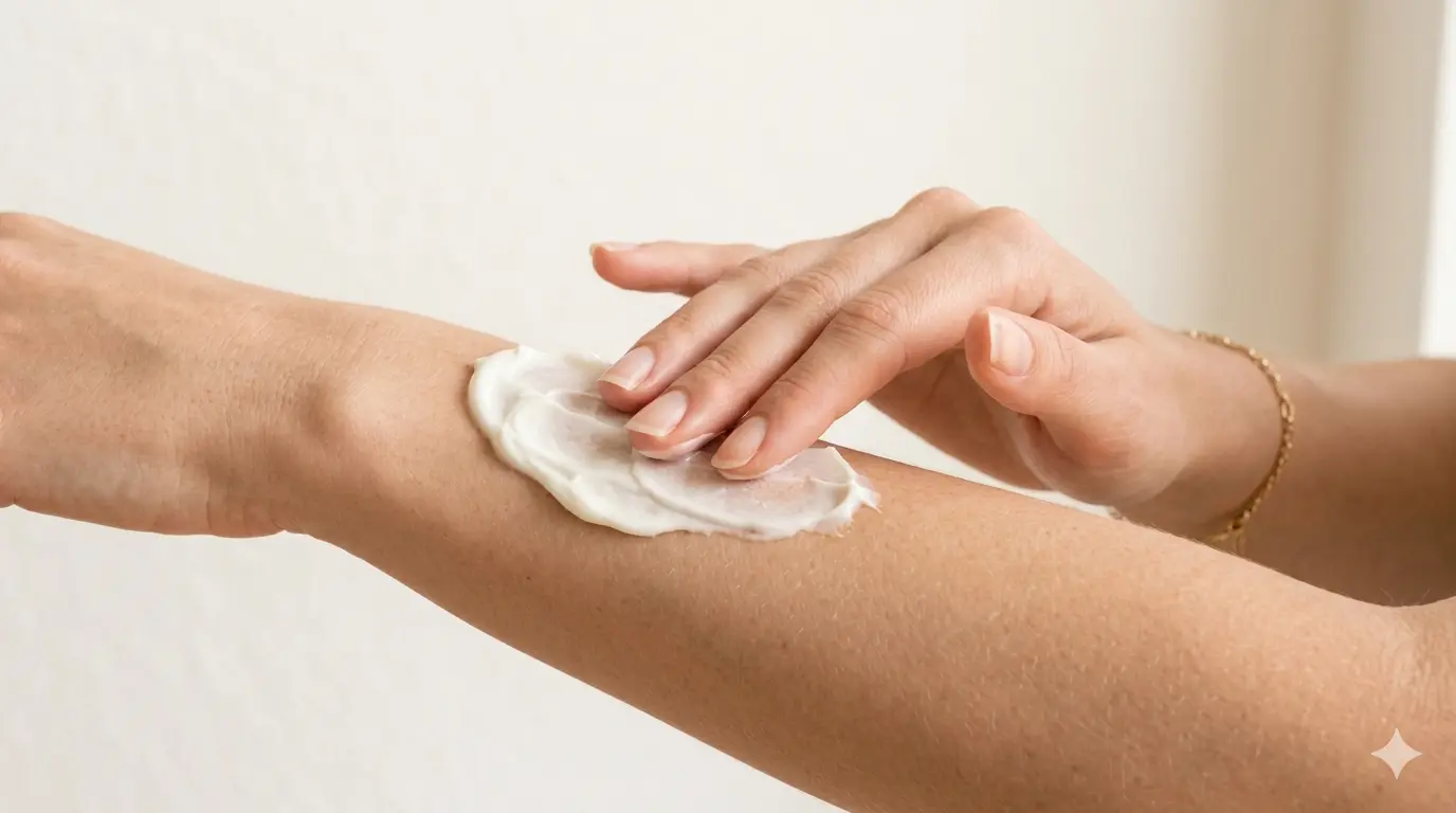 Application de crème hydratante sur l'avant-bras