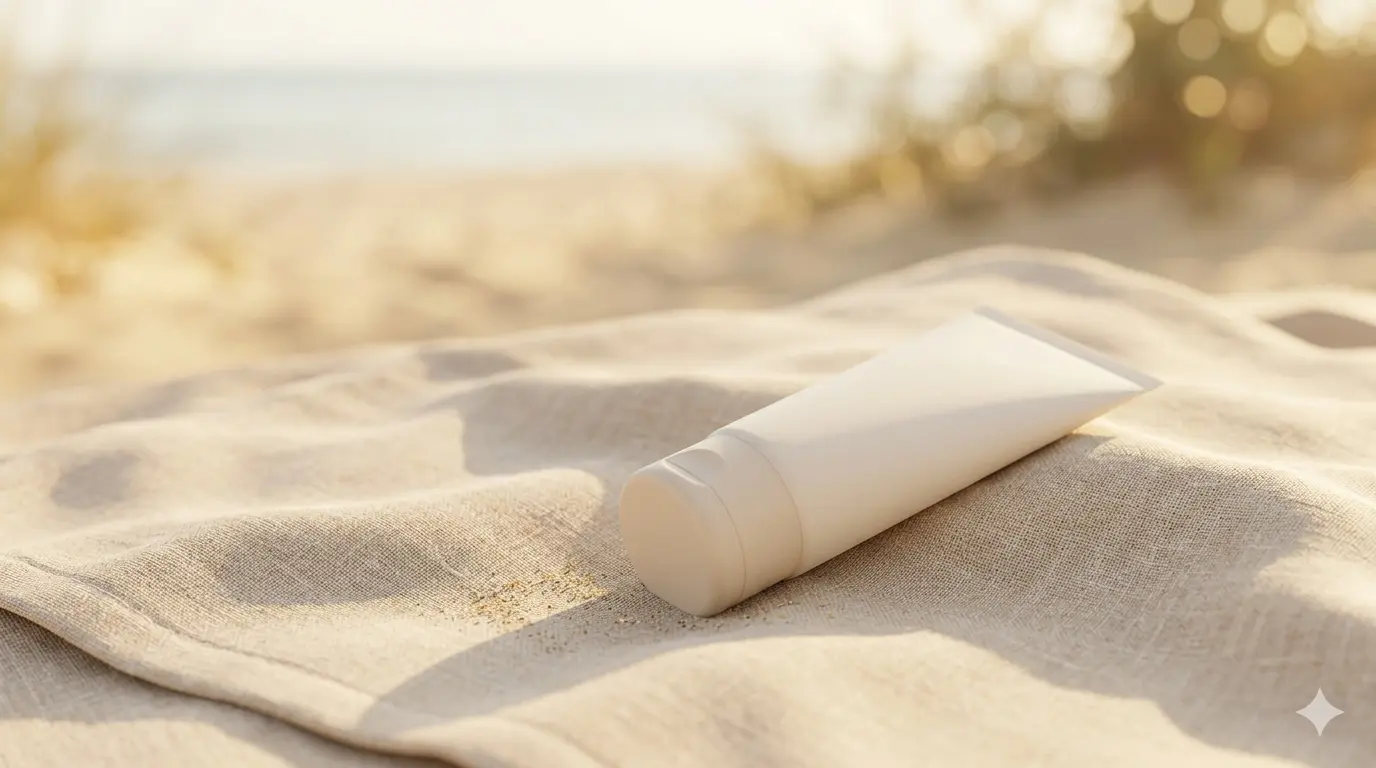Tube de crème solaire sur serviette de plage