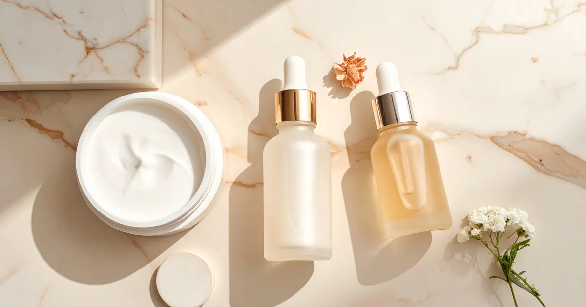 Produits anti-âge naturels, sérums et crèmes sur fond beige