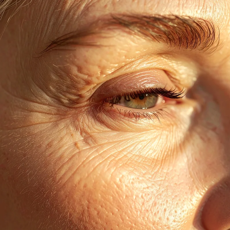 Gros plan peau mature, texture naturelle assumée, lumière dorée