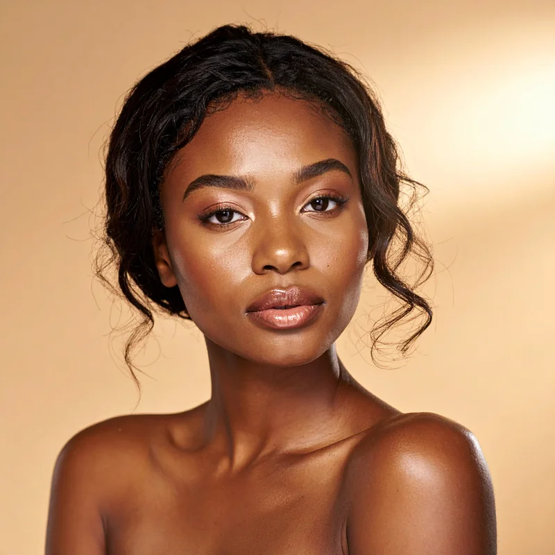 Portrait beauté femme noire, peau lumineuse et saine, regard confiant