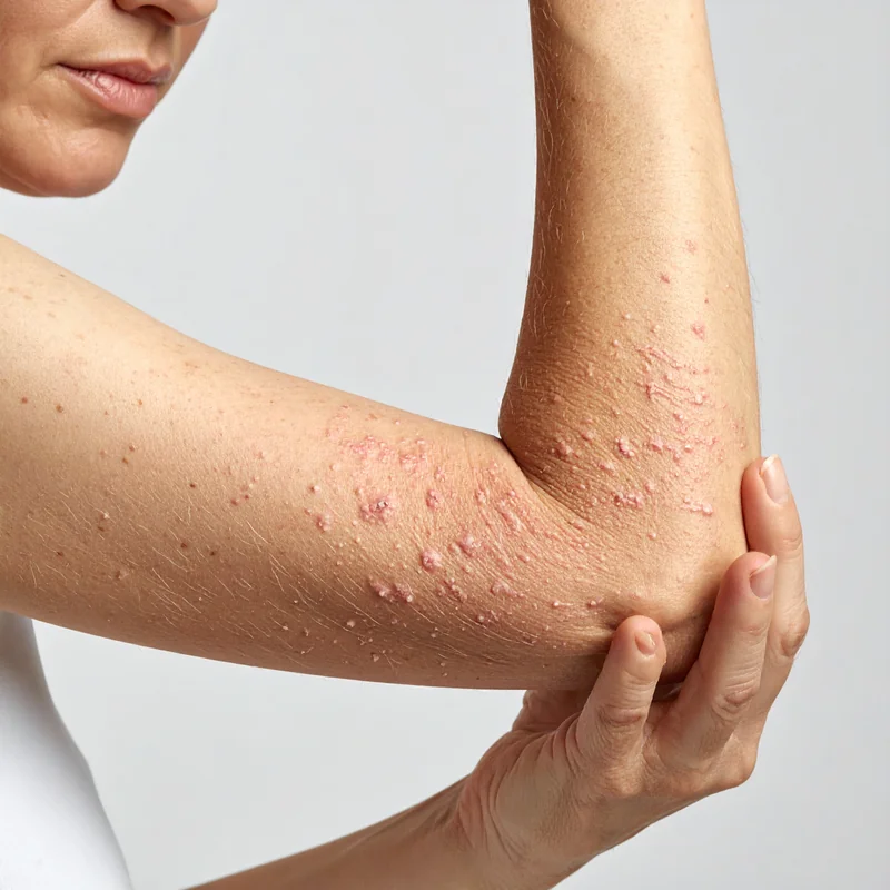 Bras avec plaques de psoriasis sur le coude, dermatologie éducative
