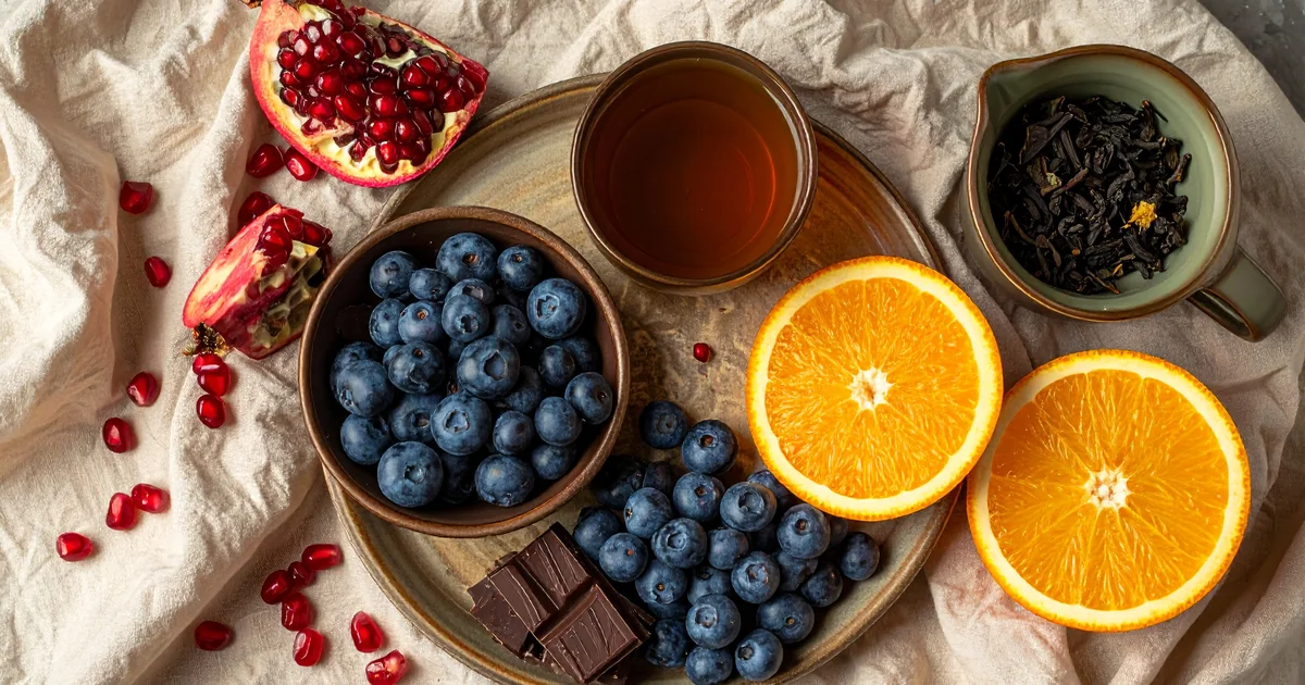 Aliments antioxydants : myrtilles, oranges, thé vert, grenade, chocolat noir