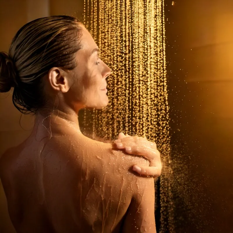 Douche chaude, eau coulant sur l'épaule