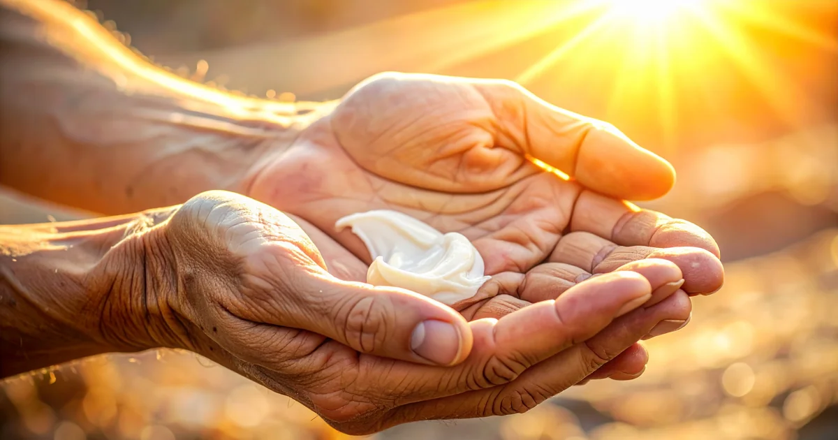Mains abîmées avec crevasses, application d'une crème réparatrice intensive