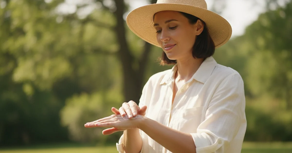 Femme appliquant une crème solaire sur ses mains en plein air, chapeau de paille